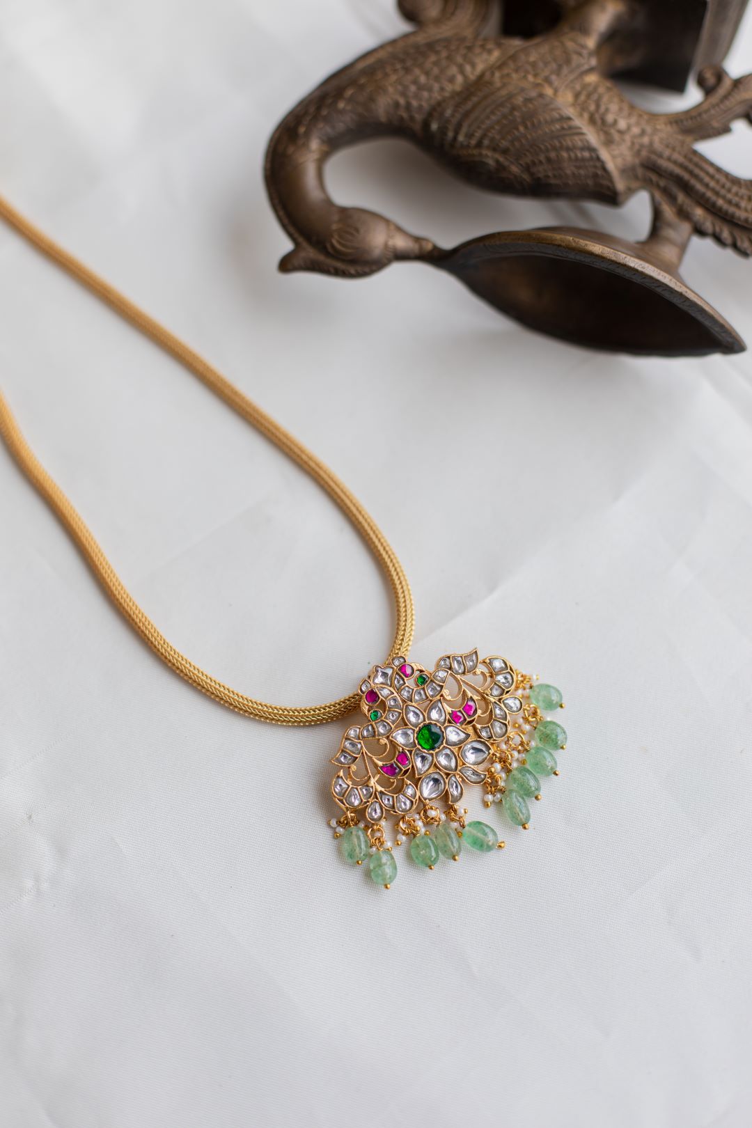 Gold Finish Long Chain with Tiny Twin peacock Pedantant Necklace - Model 1