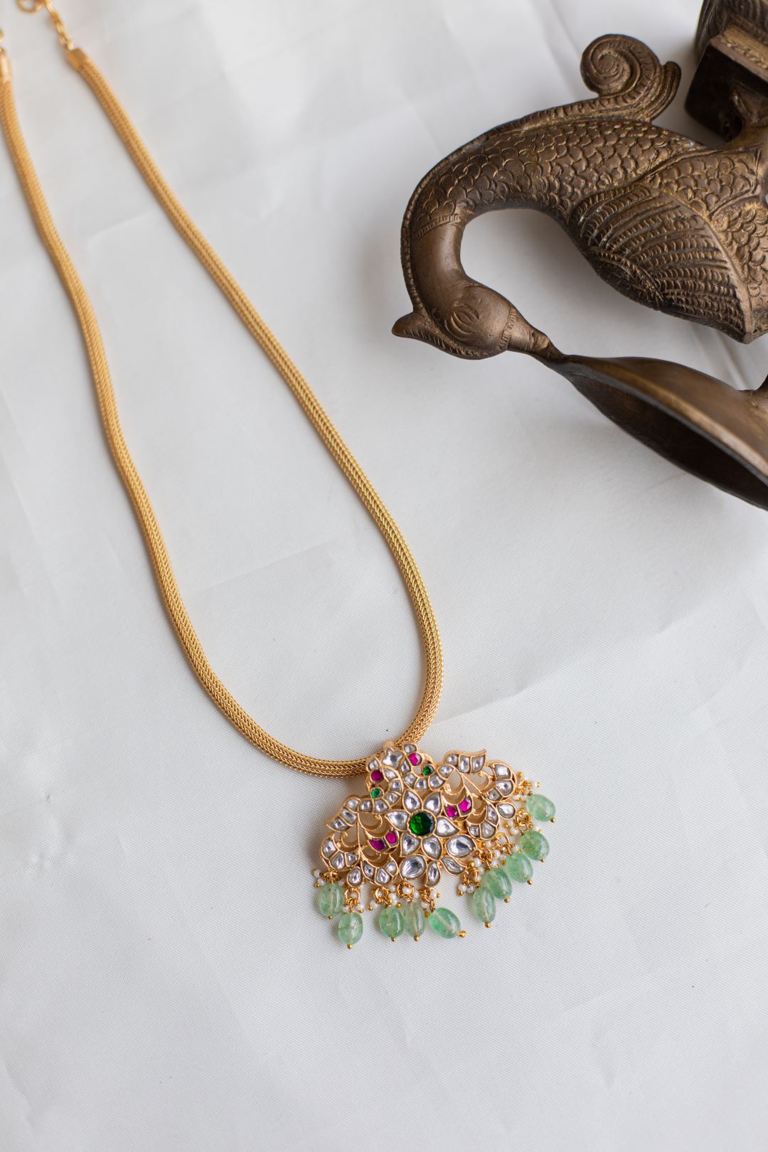 Gold Finish Long Chain with Tiny Twin peacock Pedantant Necklace - Model 1