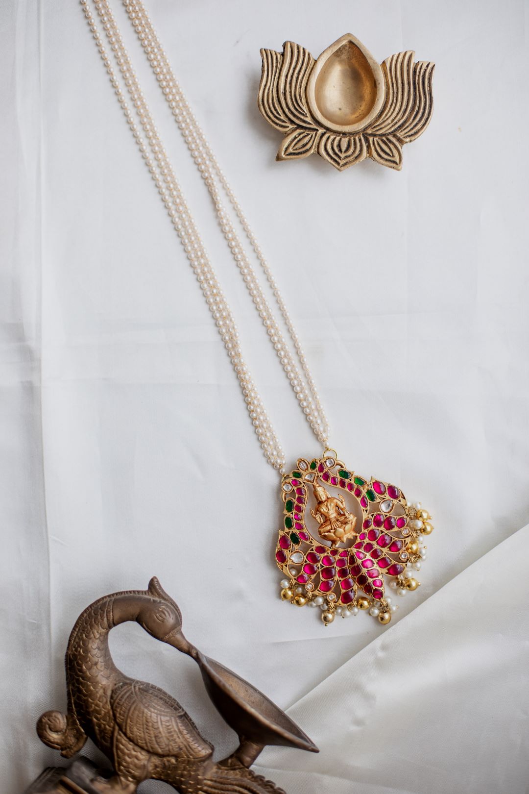 Gold Finish Pearlchain with Reverse lotus Lakshmi pendant Necklace #26