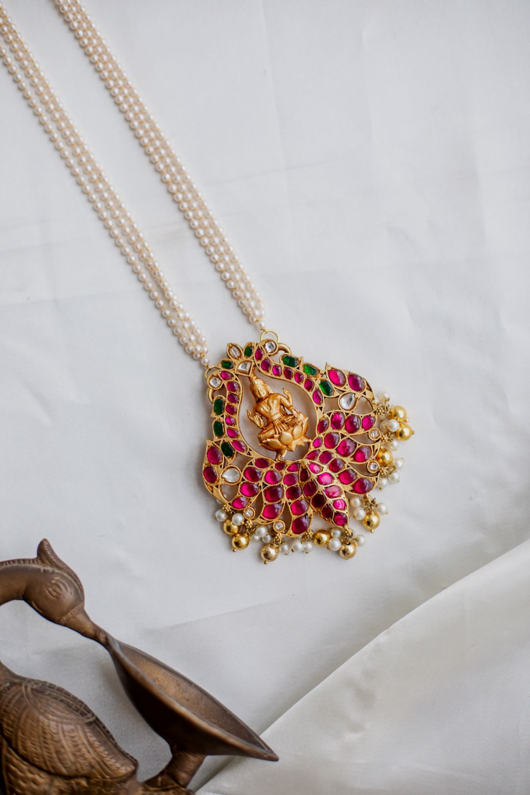 Gold Finish Pearlchain with Reverse lotus Lakshmi pendant Necklace #26