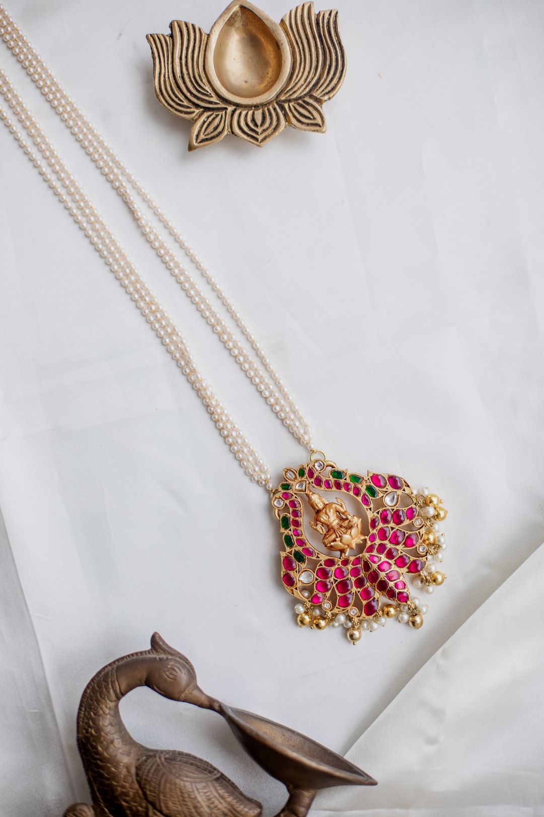 Gold Finish Pearlchain with Reverse lotus Lakshmi pendant Necklace #26