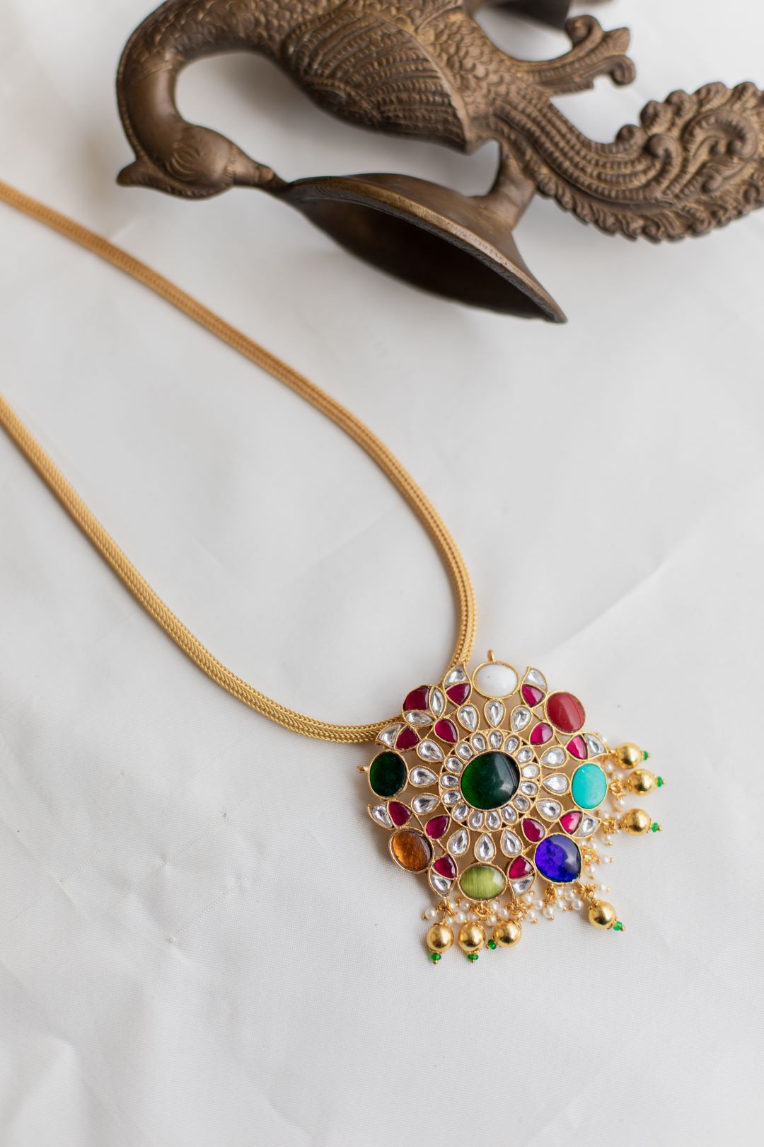 Gold Finish Chain with NAVARATNA Pendant#28