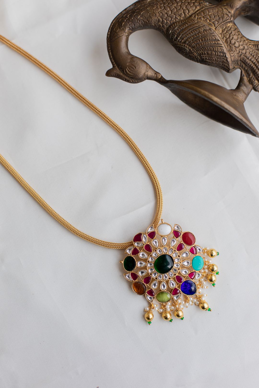 Gold Finish Chain with NAVARATNA Pendant#28