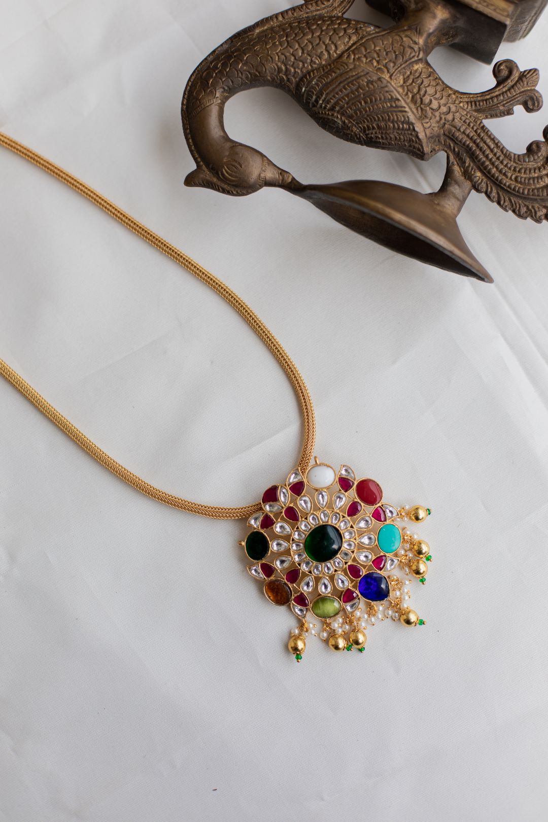 Gold Finish Chain with NAVARATNA Pendant#28