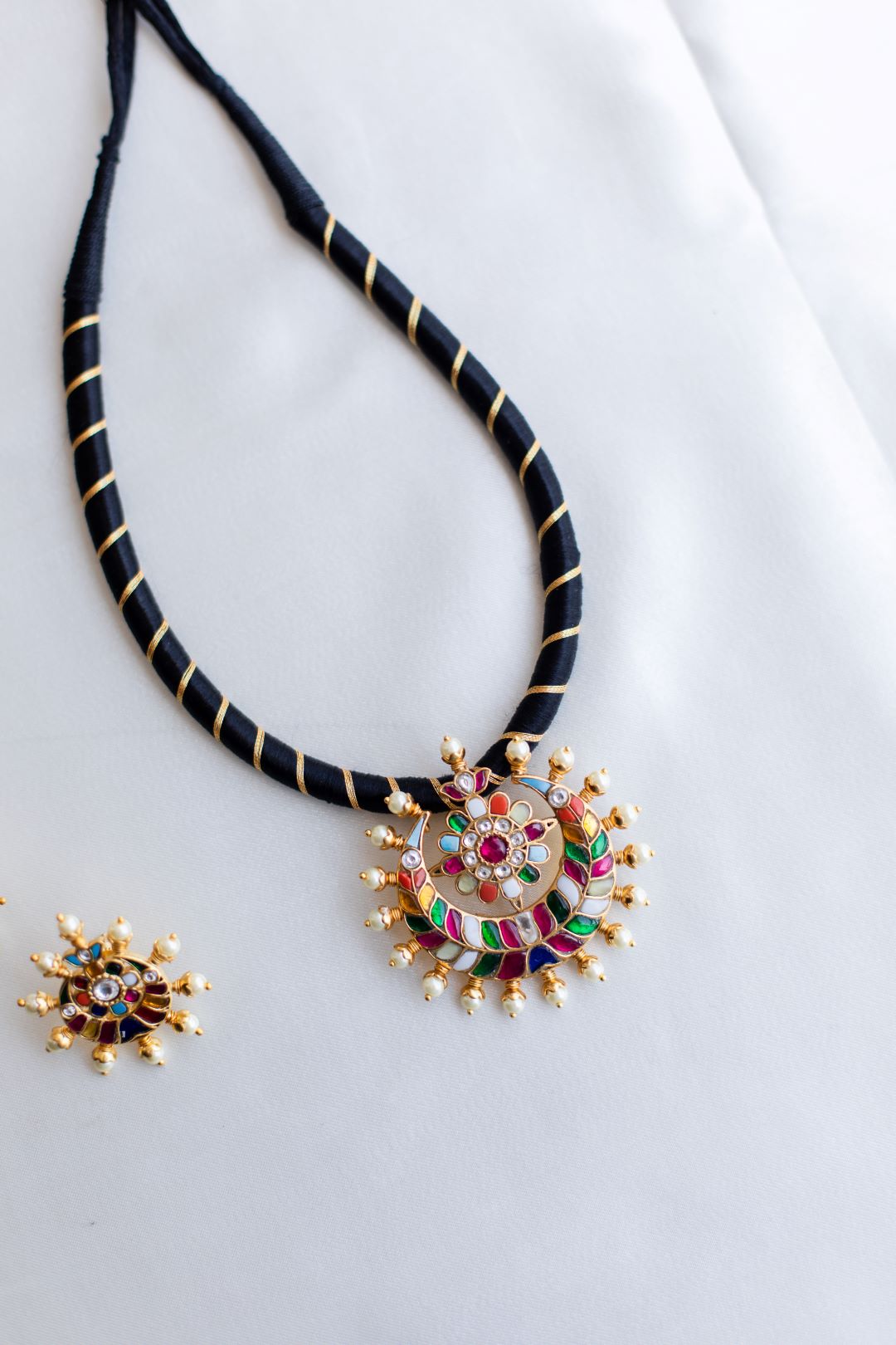 Gold Finish BLACK Thread Necklace with Half moon Flower Pedantant - Navaratna #29