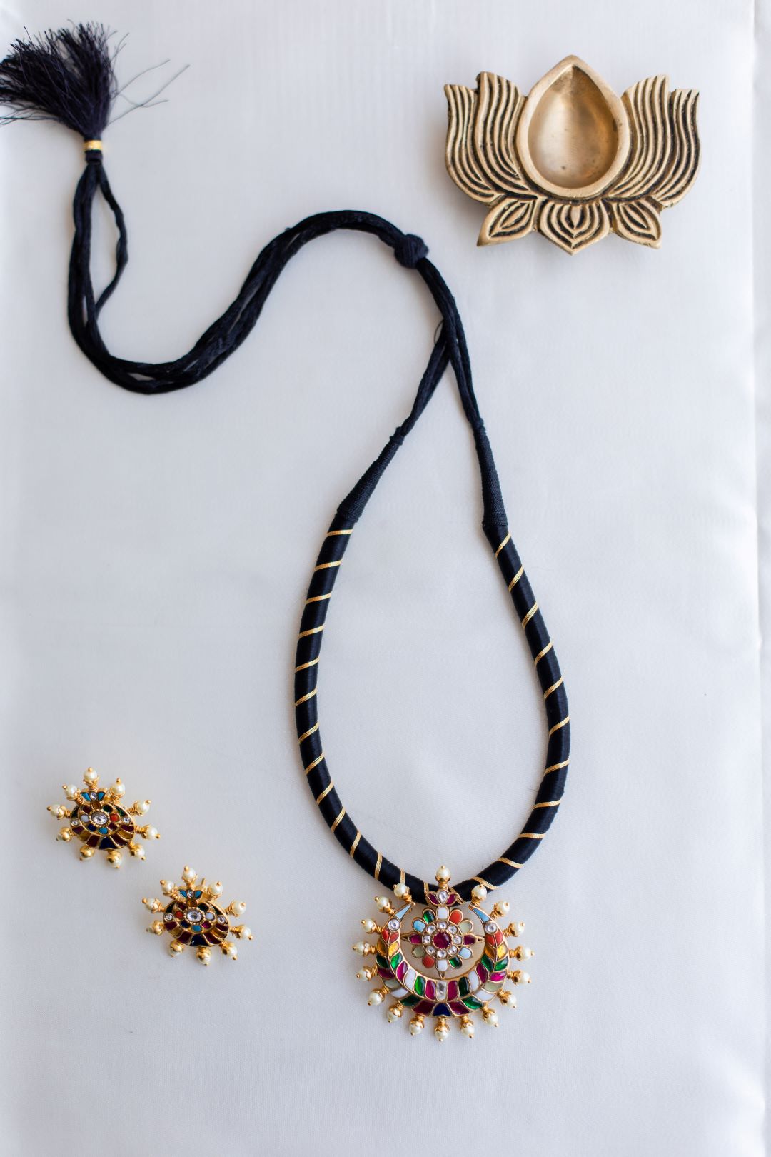Gold Finish BLACK Thread Necklace with Half moon Flower Pedantant - Navaratna #29