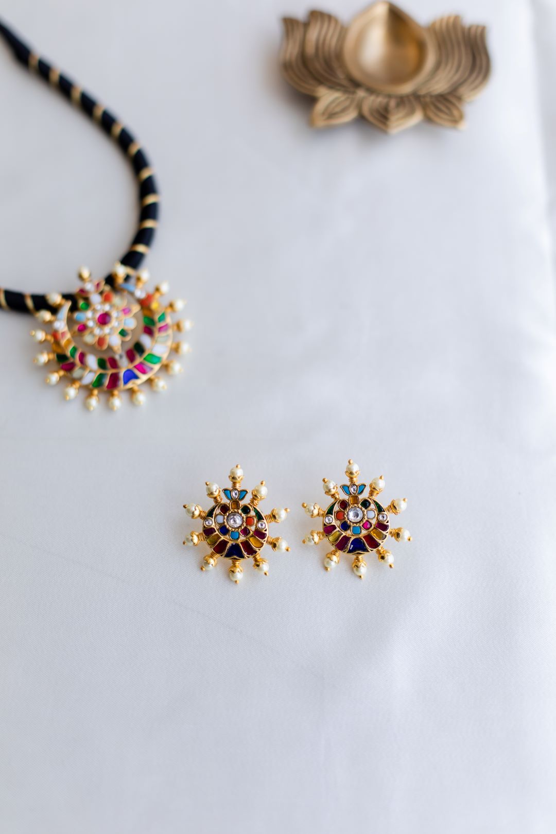 Gold Finish BLACK Thread Necklace with Half moon Flower Pedantant - Navaratna #29
