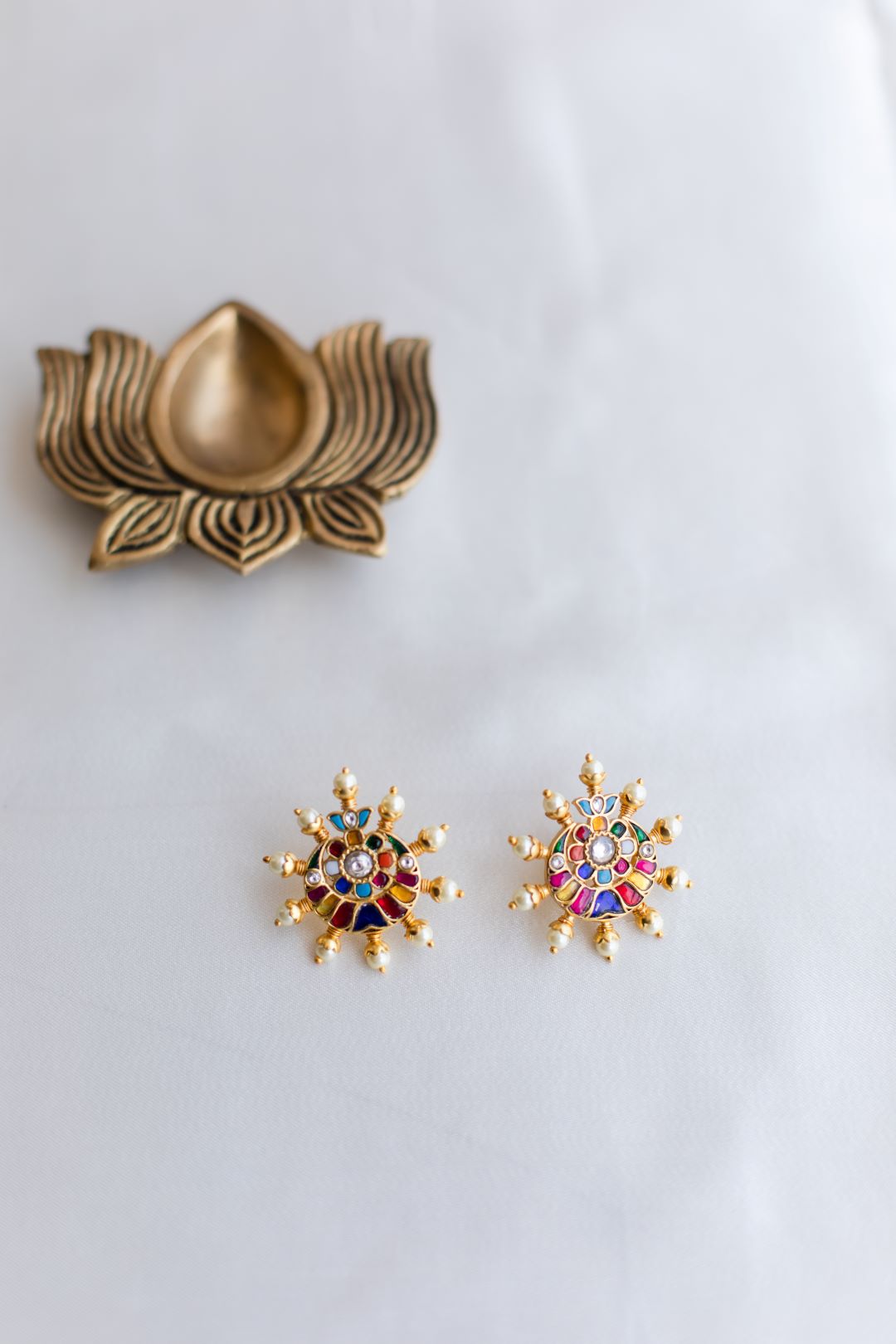 Gold Finish Long Chain Necklace with NAVARATNA Flower pendant#30