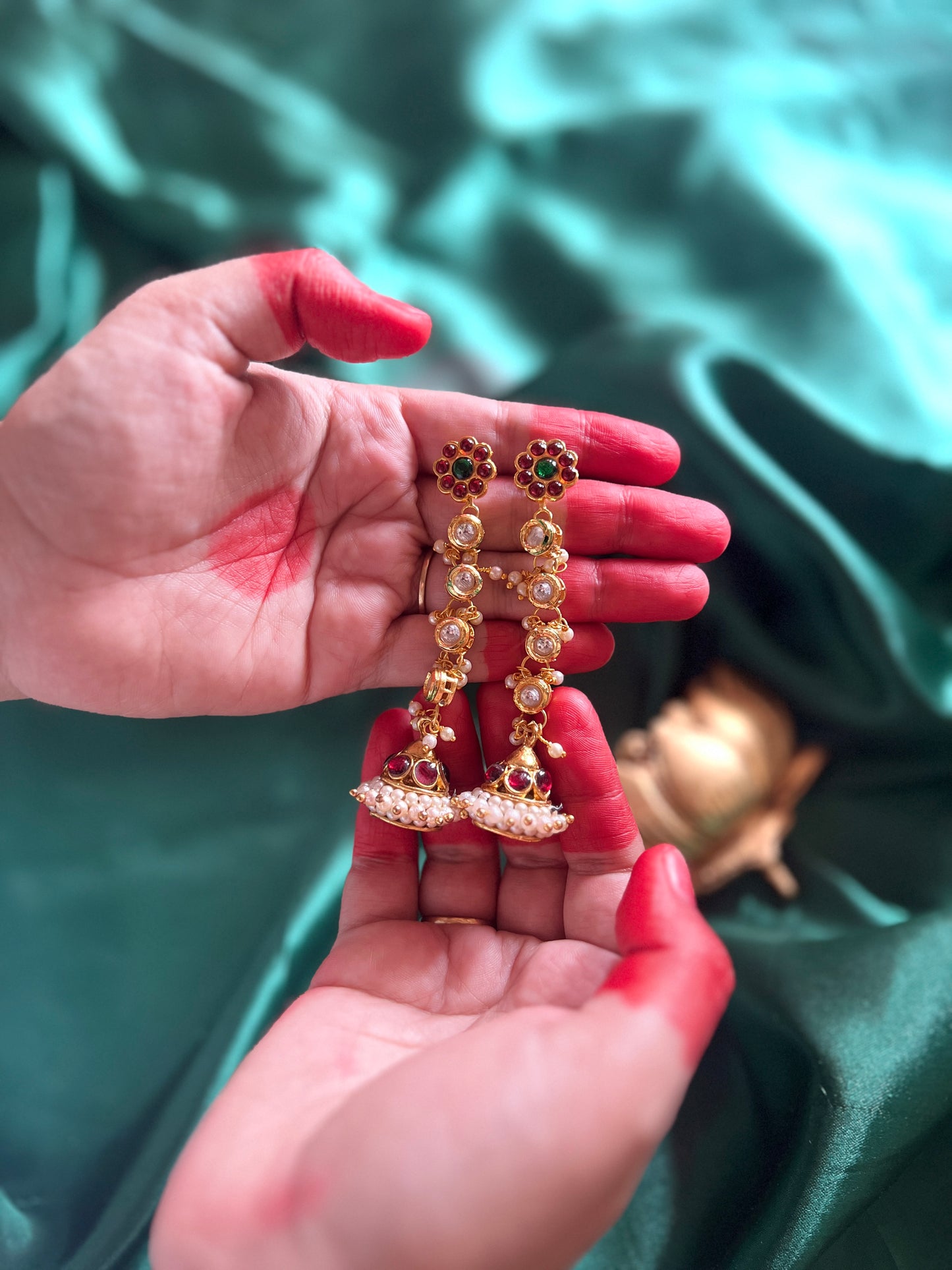 Kemp stud long jhumka with kundan stone hangings