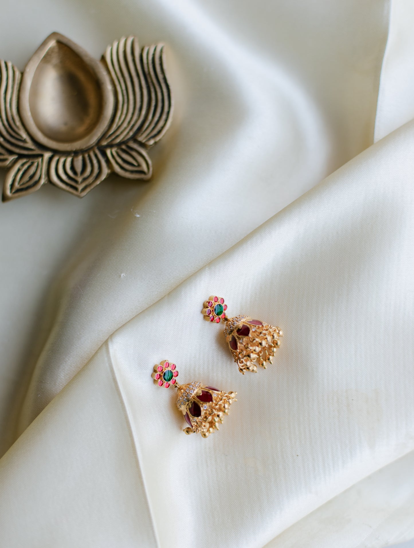 Semi Precious Kemp - Gold Finish AD & Red leaf pendant Kerala model with Jhumka
