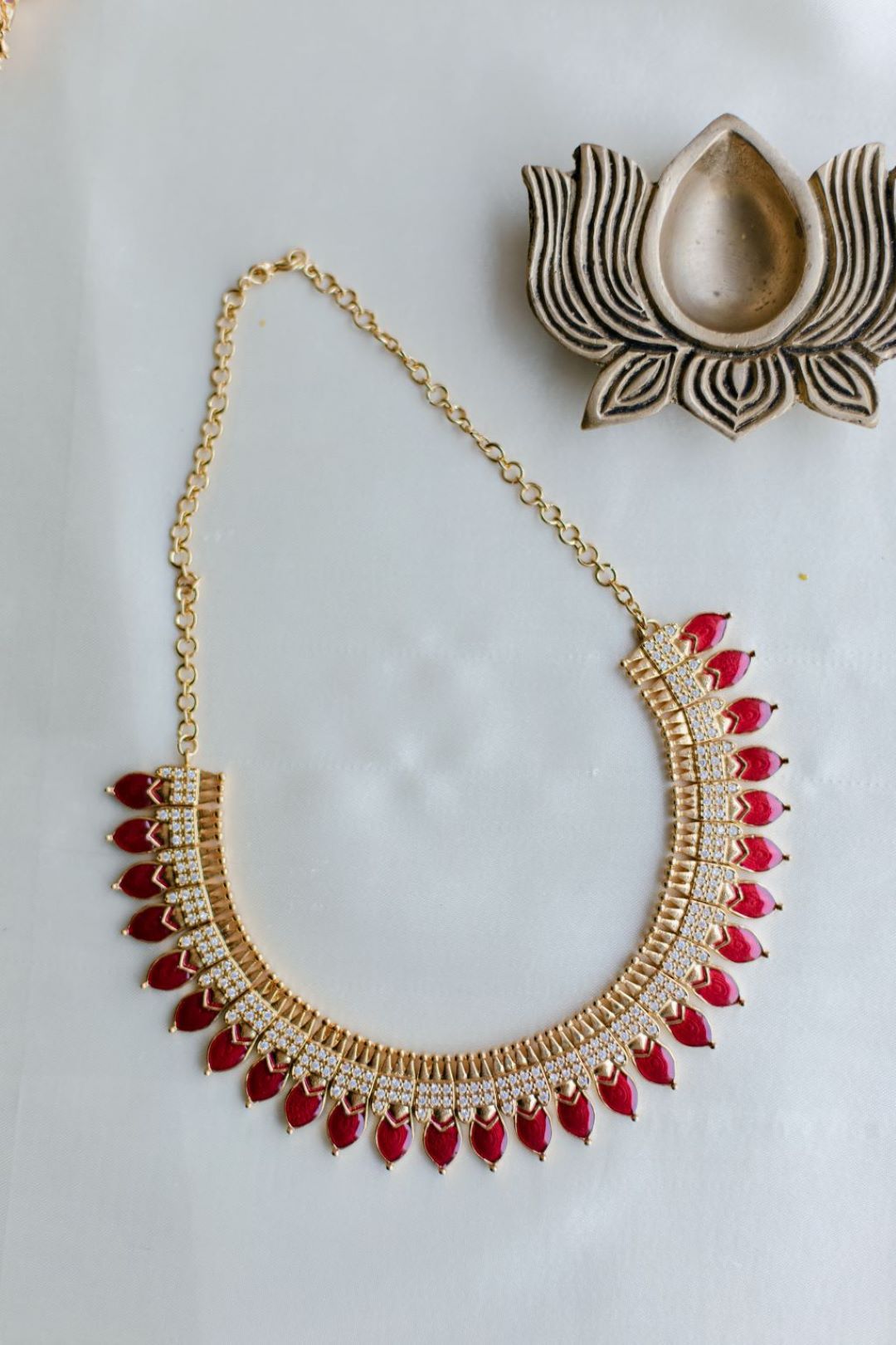 Semi Precious Kemp - Gold Finish AD & Red leaf pendant Kerala model with Jhumka