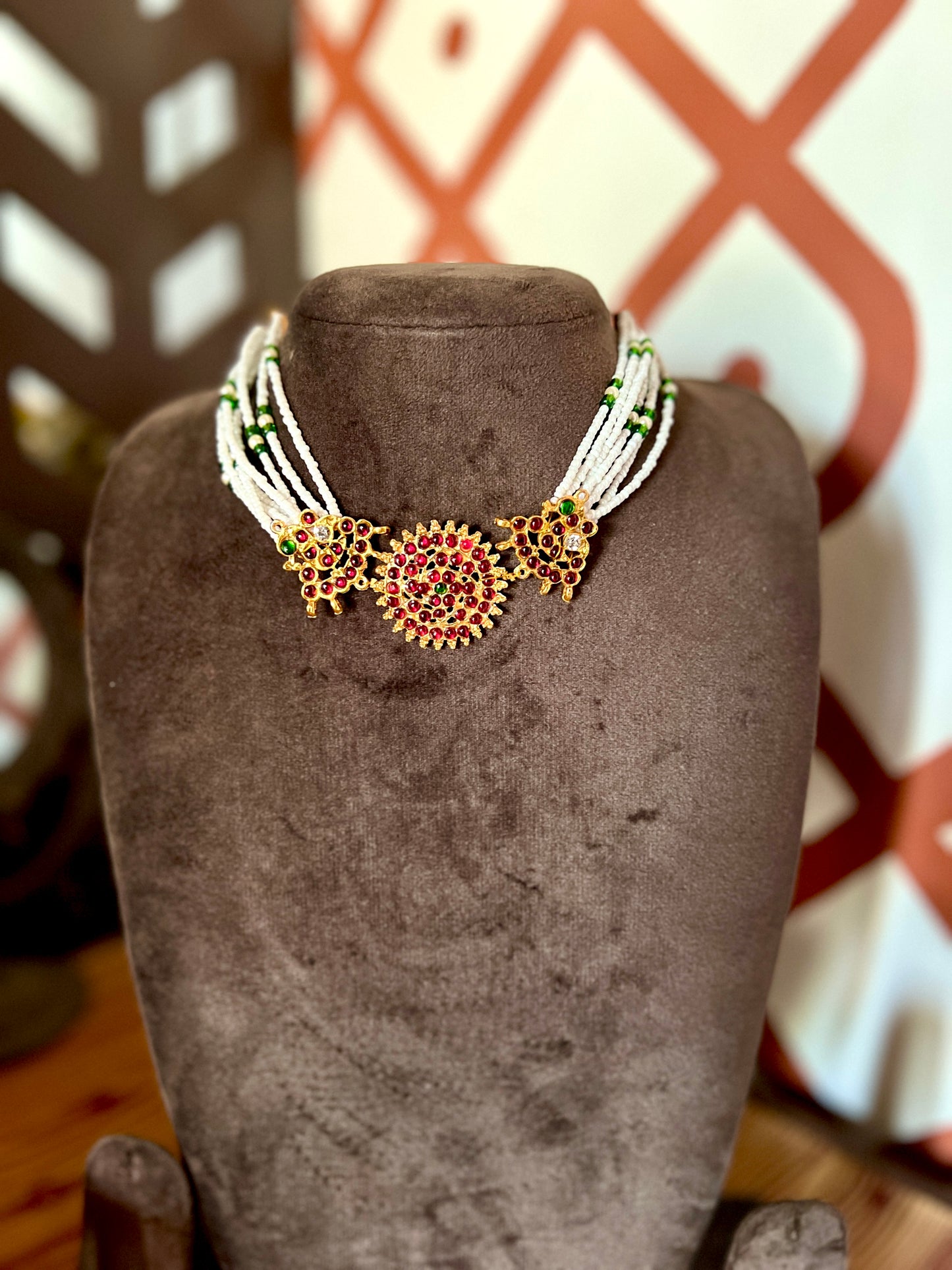 Kemp - Multi layered pearl peacock & chakra pendant chocker #20