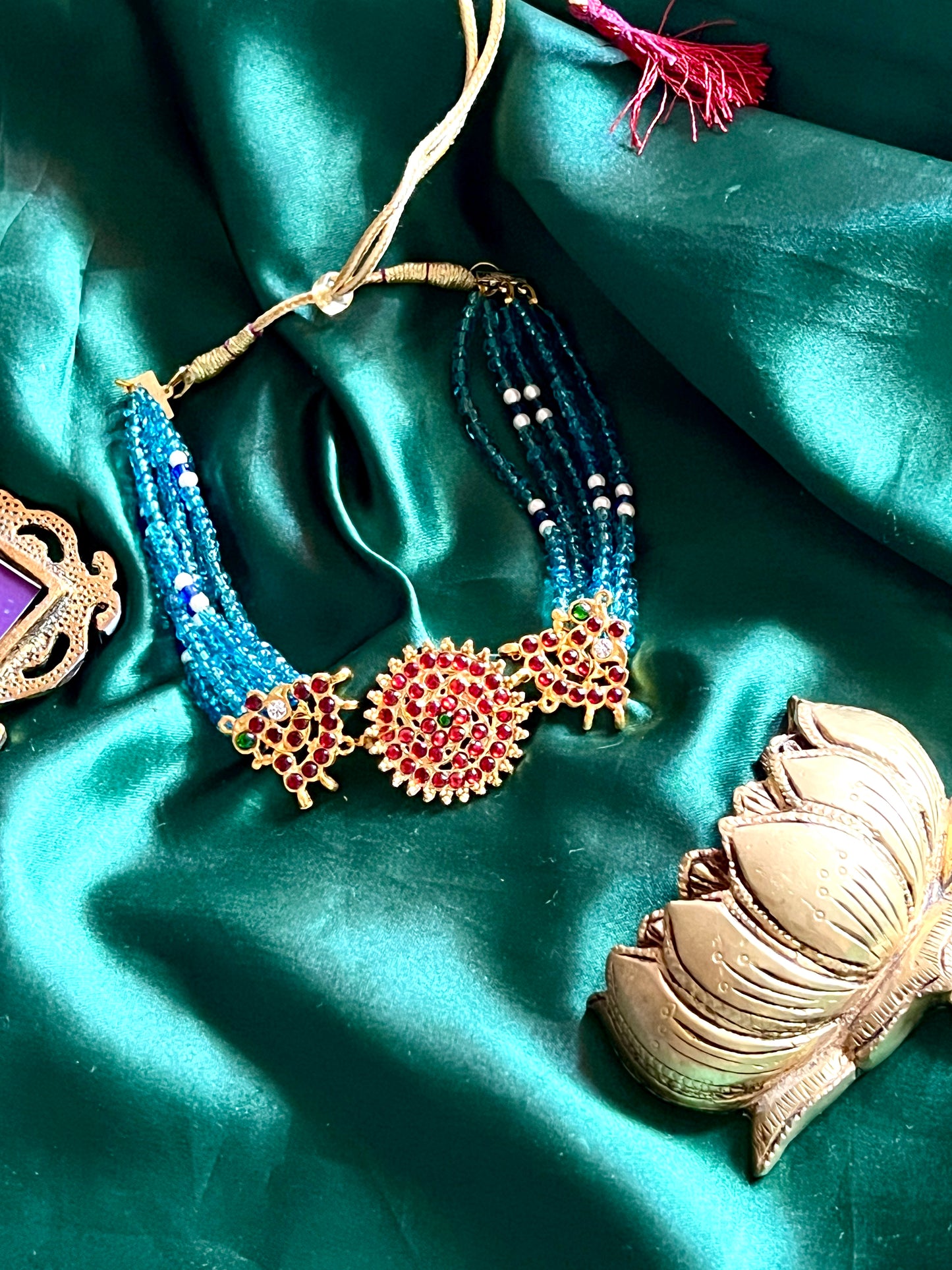 Kemp - Multi layered pearl peacock & chakra pendant chocker #21
