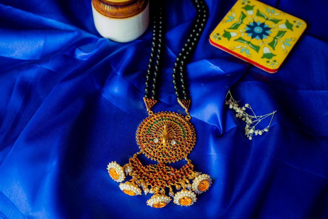 KEMP 2 layered black beads with peacock Haaram & jhumka Hangings