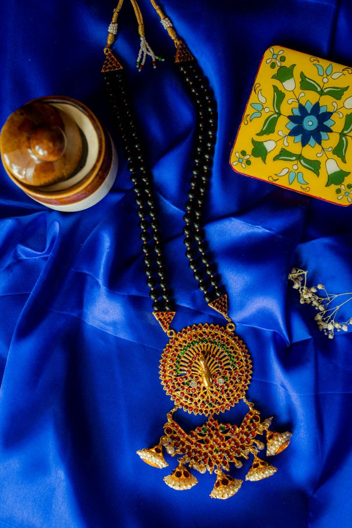KEMP 2 layered black beads with peacock Haaram & jhumka Hangings