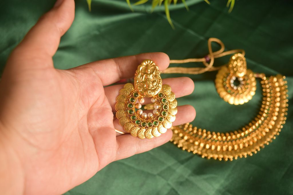 Gold Finish Small Lakshmi coin Necklace with Stud#19