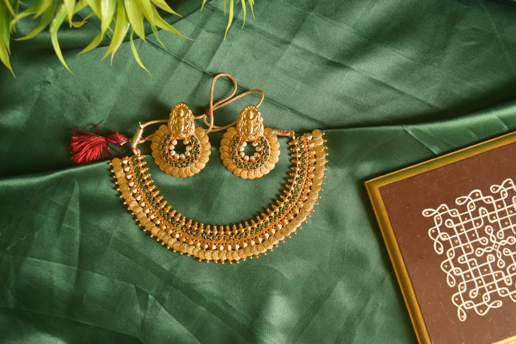 Gold Finish Small Lakshmi coin Necklace with Stud#19