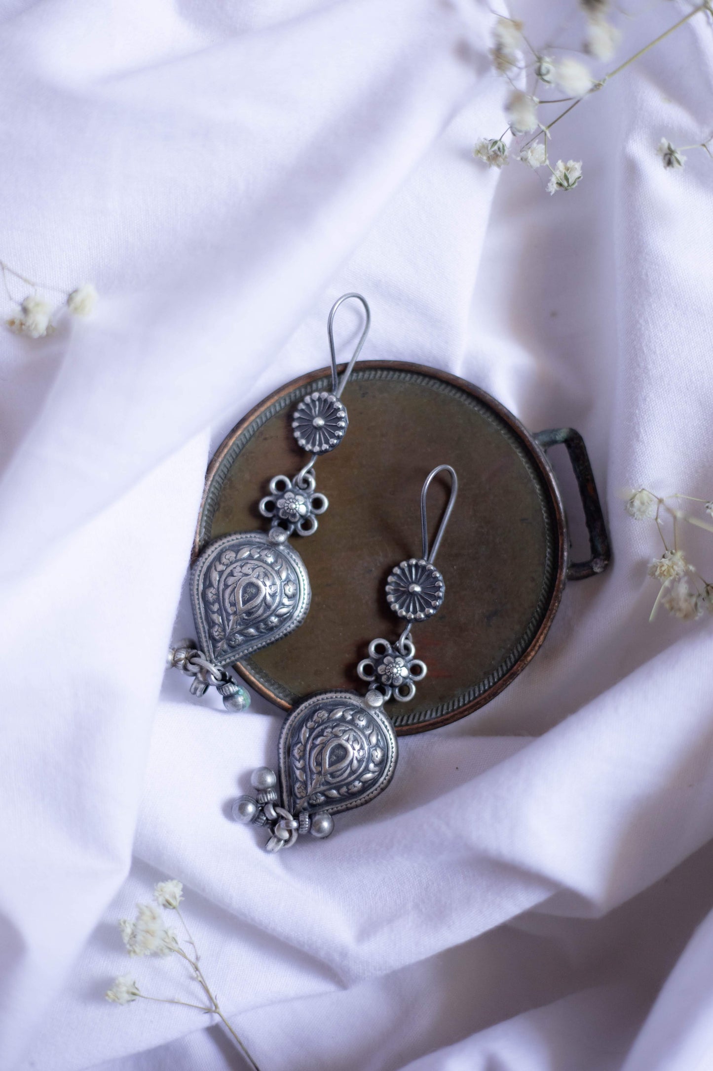 Silver Finish hook drop Carving Rain drop earring