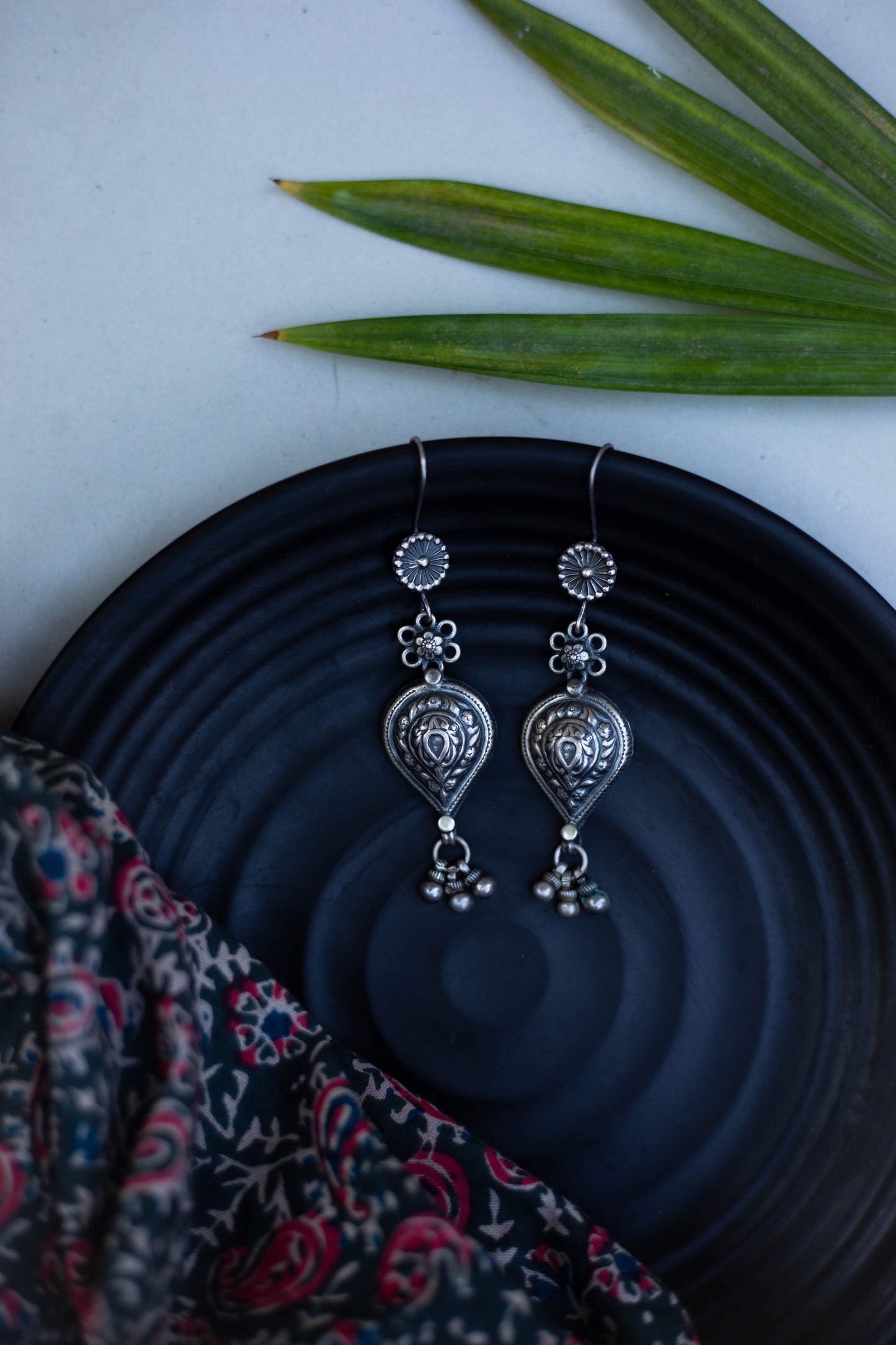 Silver Finish hook drop Carving Rain drop earring