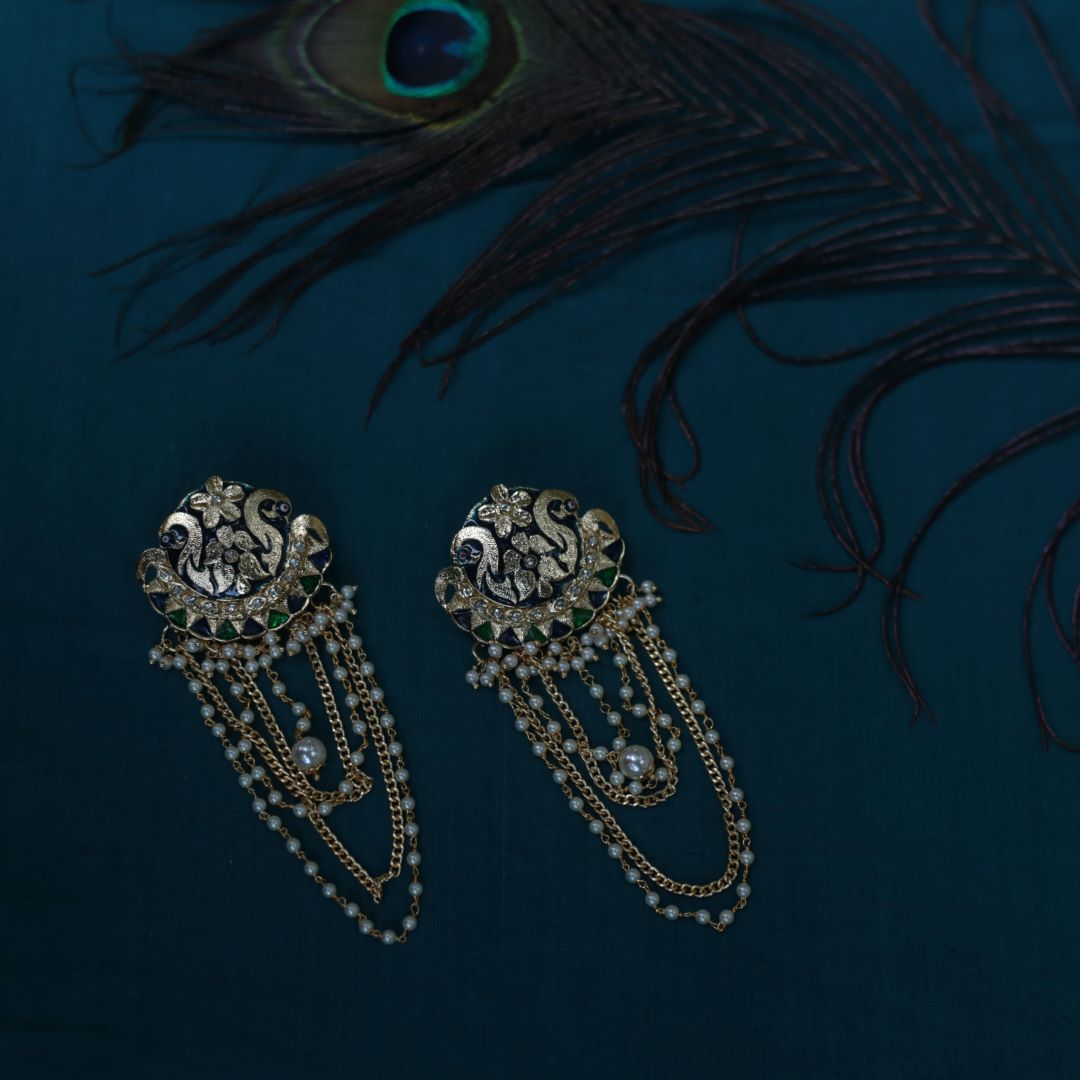 Gold finish twin peacock stud with pearls hanging -8A
