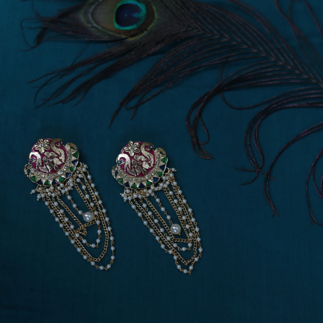 Gold finish twin peacock stud with pearls hanging -8B