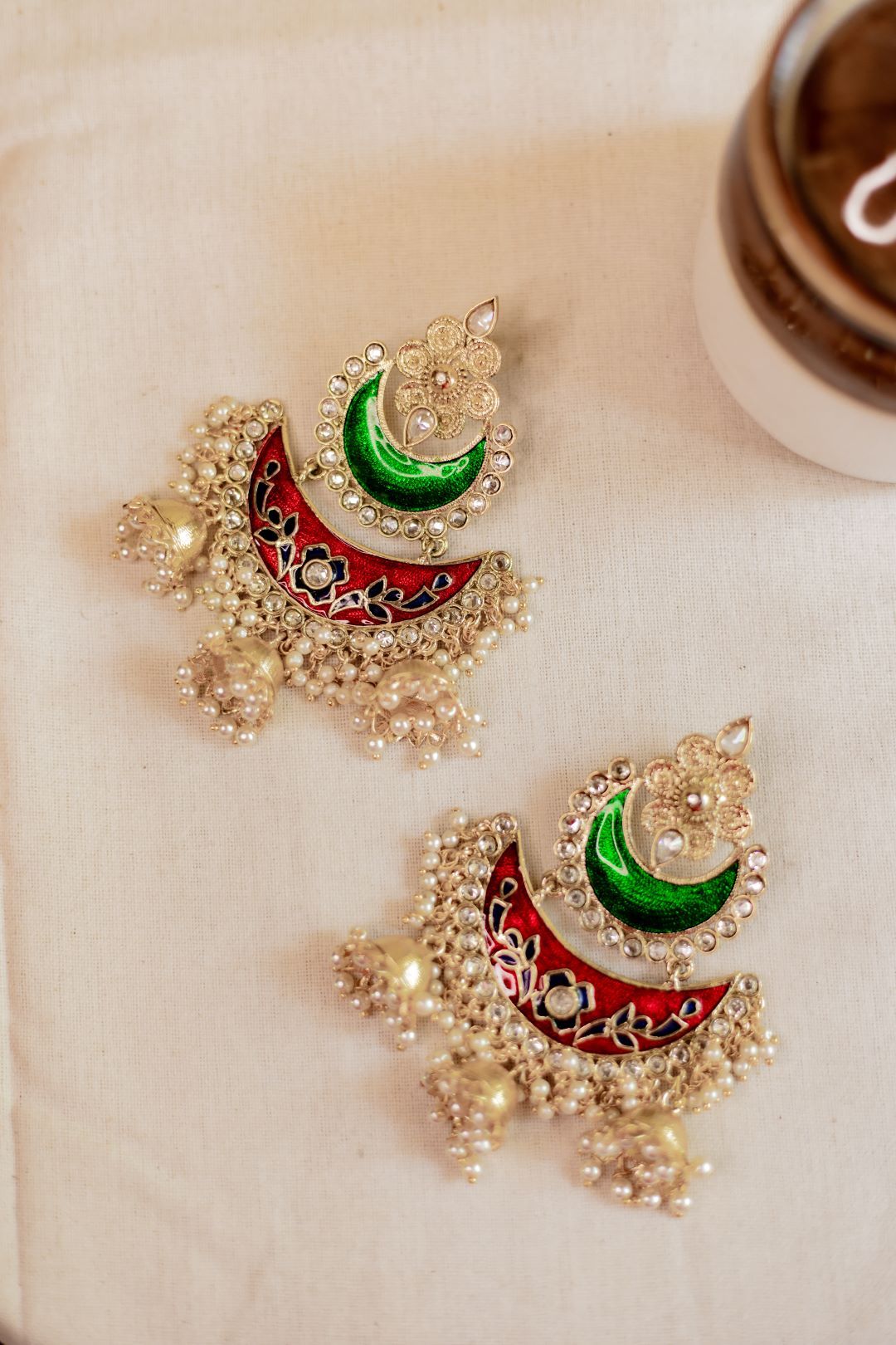 Gold Finish statement chandbali Green & Red enamel with Jhumka