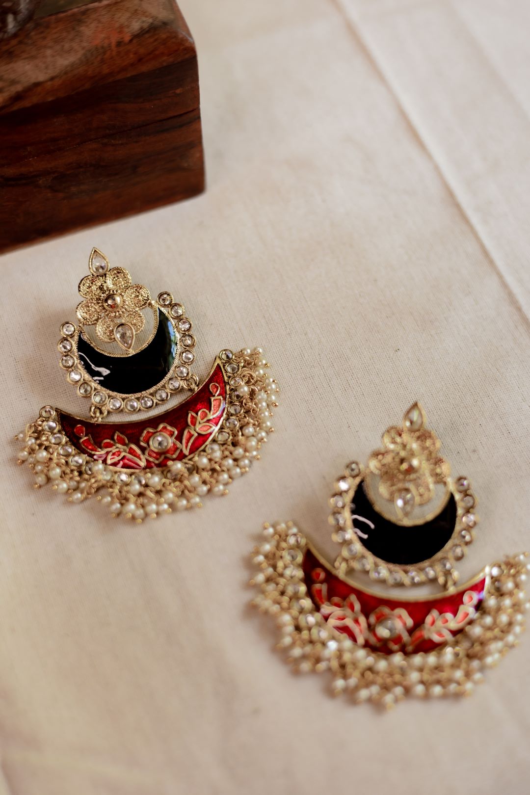 Gold Finish statement chandbali Black & Red enamel without Jhumka