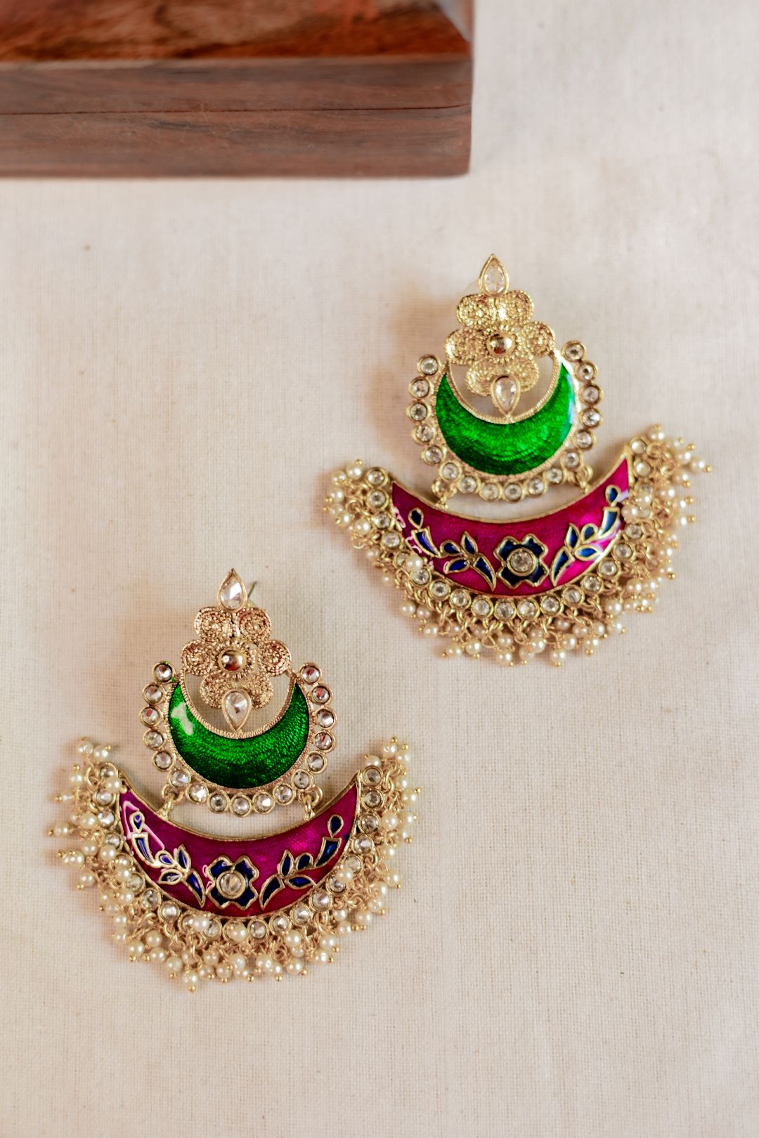 Gold Finish statement chandbali Green & Red enamel without Jhumka