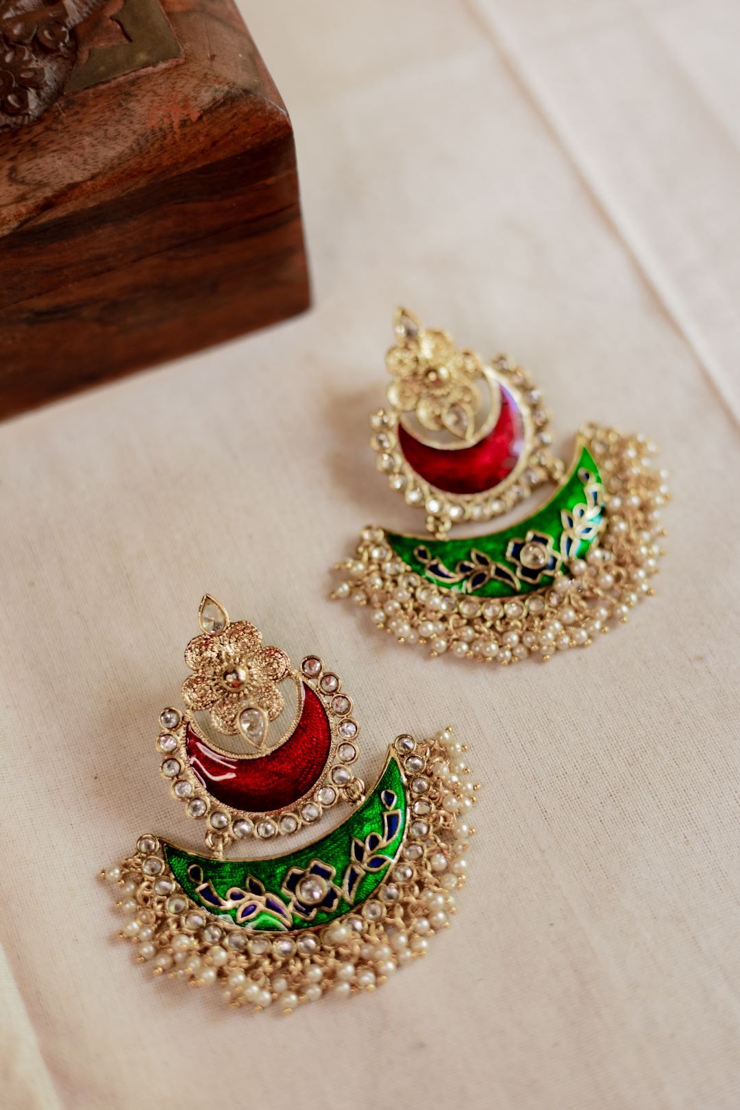 Gold Finish statement chandbali Red & Green enamel without Jhumka