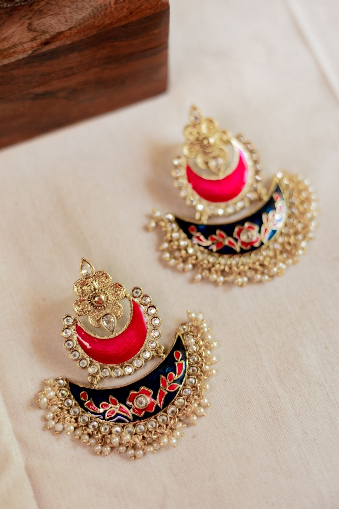 Gold Finish statement chandbali pink & dark blue enamel without Jhumka