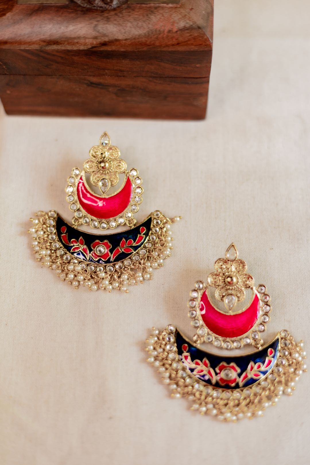 Gold Finish statement chandbali pink & dark blue enamel without Jhumka