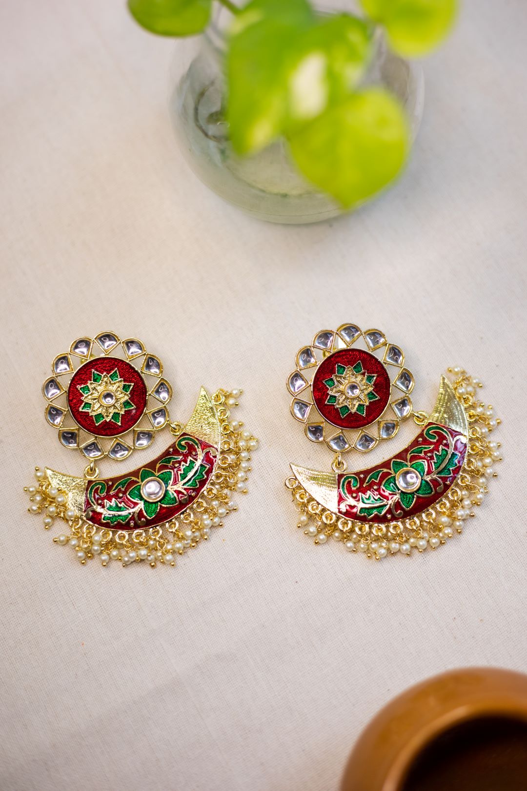Flower Stud Kundan stone statement Red stud with Green half moon chandbali