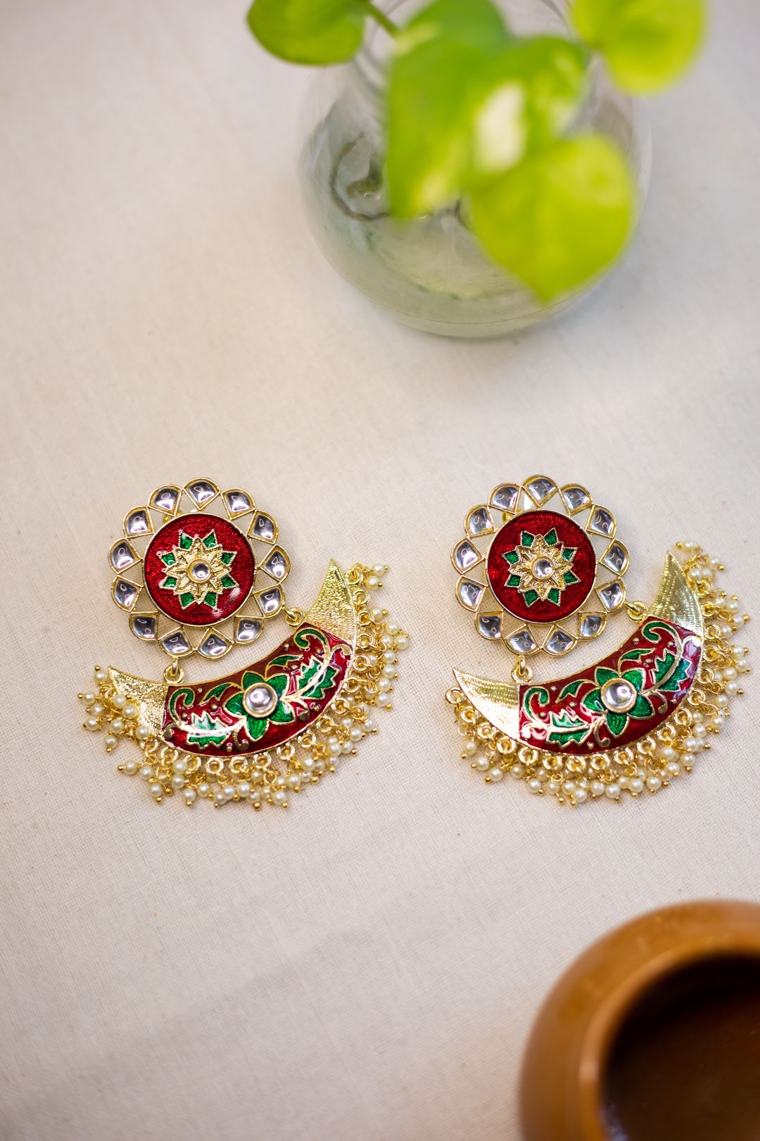 Flower Stud Kundan stone statement Red stud with Green half moon chandbali