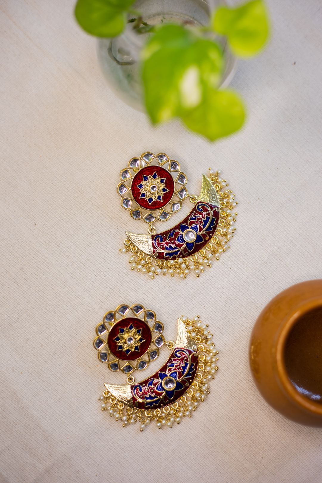 Flower Stud Kundan stone statement Red stud with Blue half moon chandbali