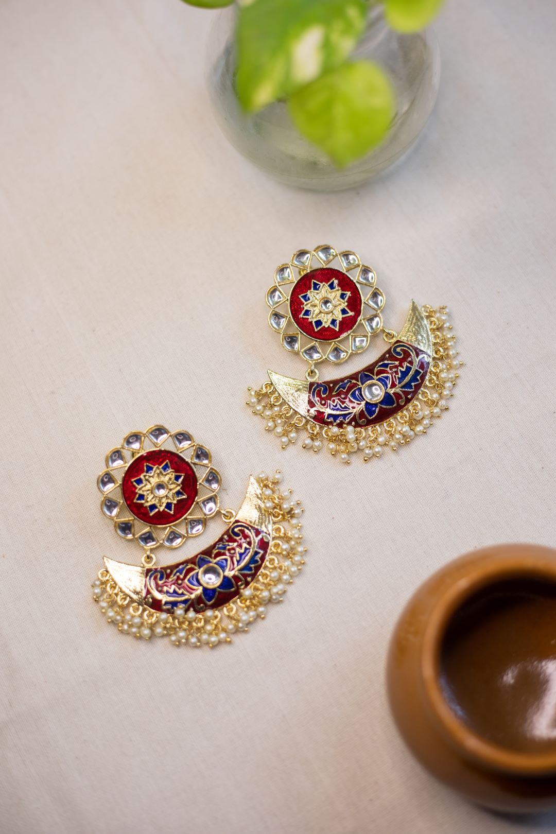 Flower Stud Kundan stone statement Red stud with Blue half moon chandbali