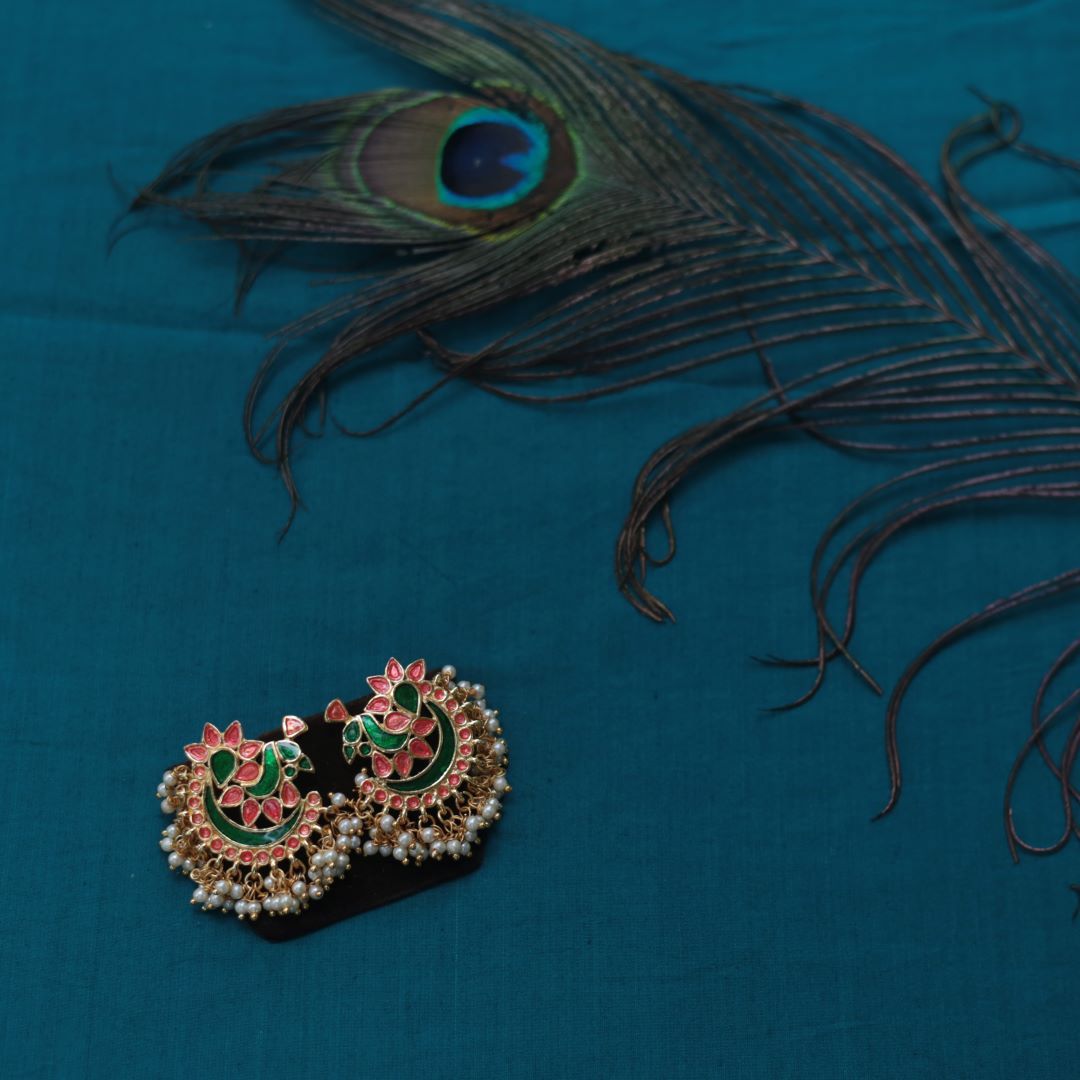 Gold Finish peacock Pink & Green enamel stud