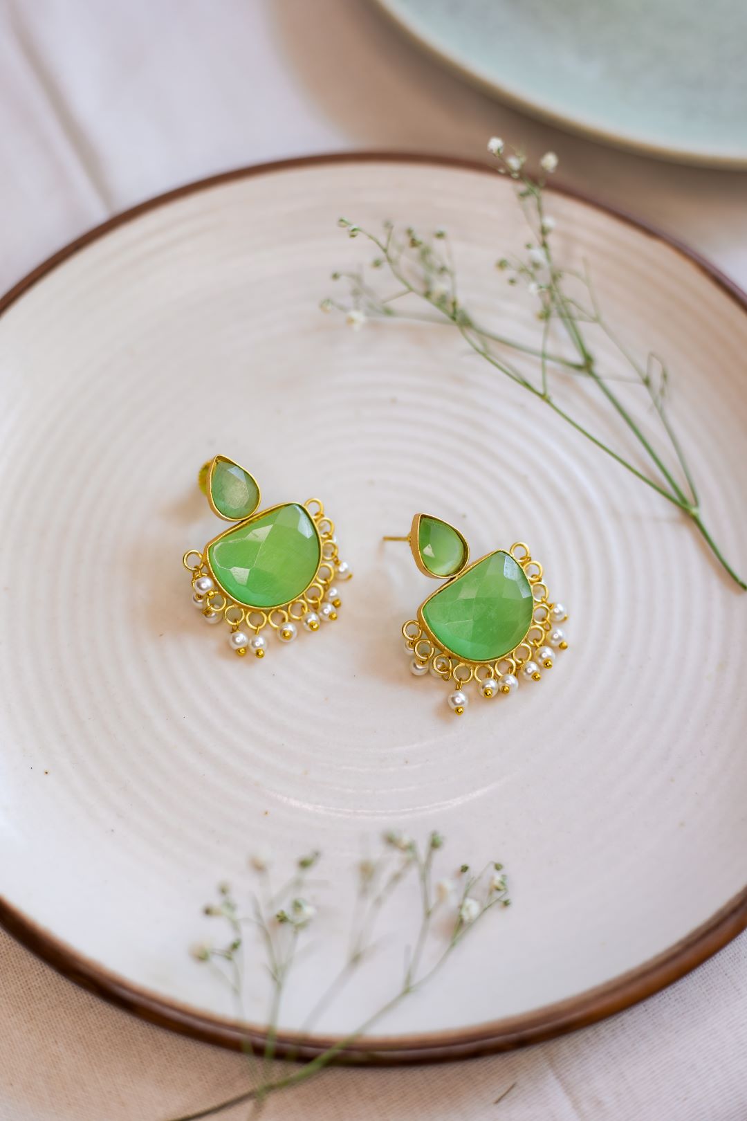 Gold Finish Pista Green jadau stone deepam stud