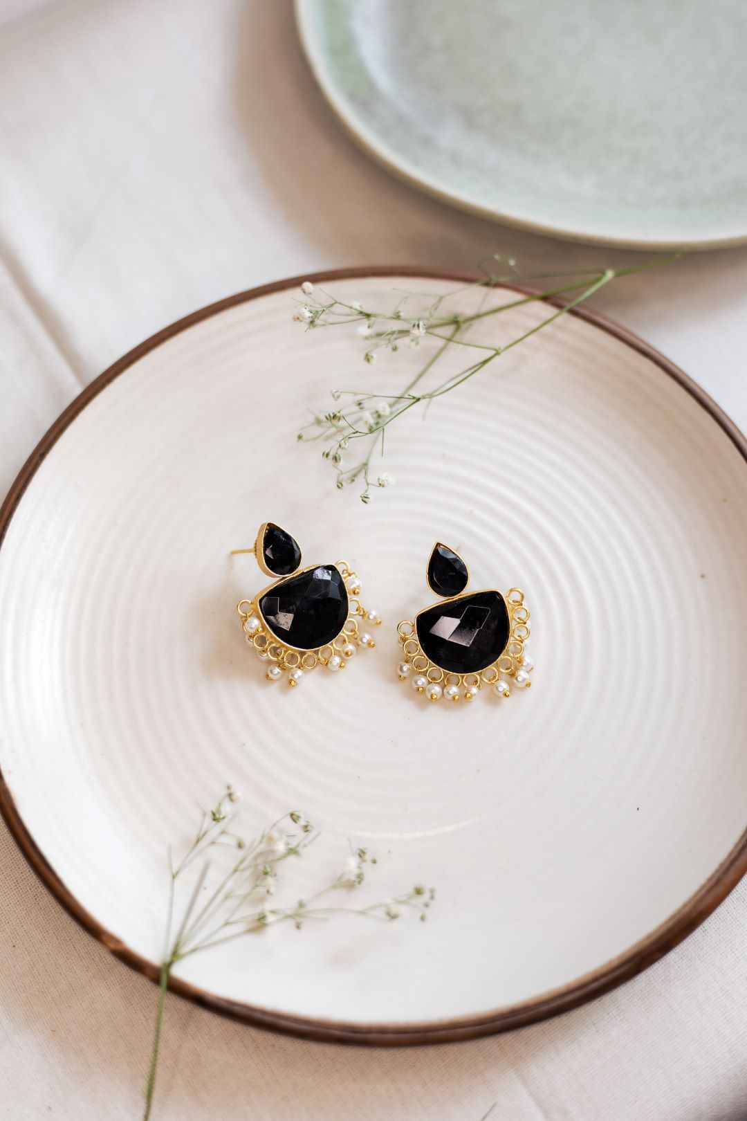 Gold Finish Black jadau stone deepam stud