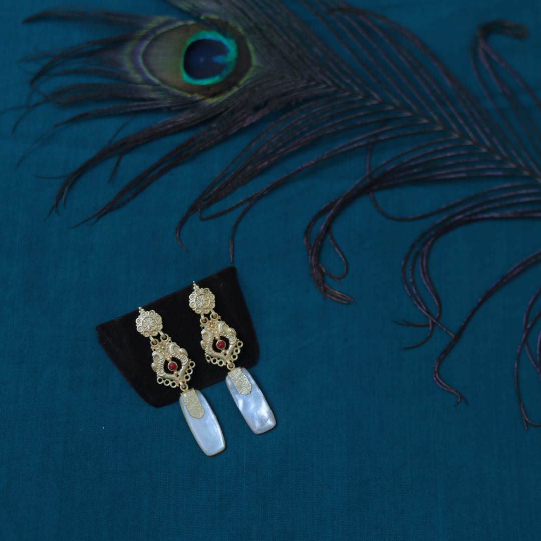 Gold finish white rectangle fresh water earrings