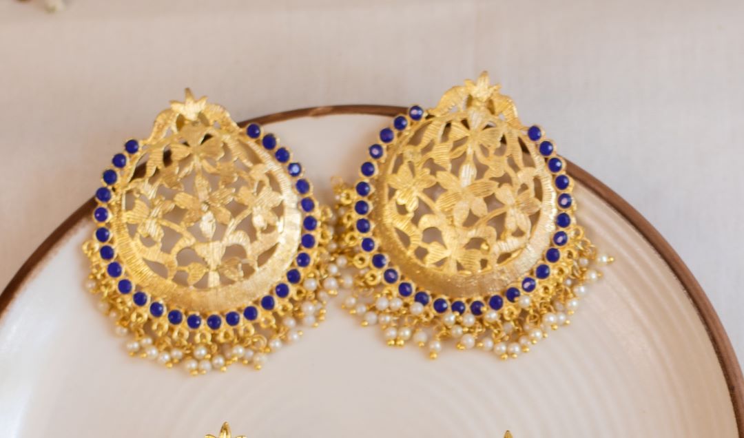 Gold finish statement flower stud with pearl beads - Blue