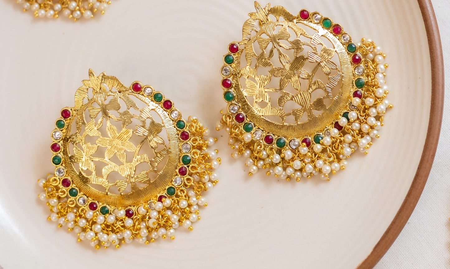Gold finish statement flower stud with pearl beads(slightly variable) - Multicolour