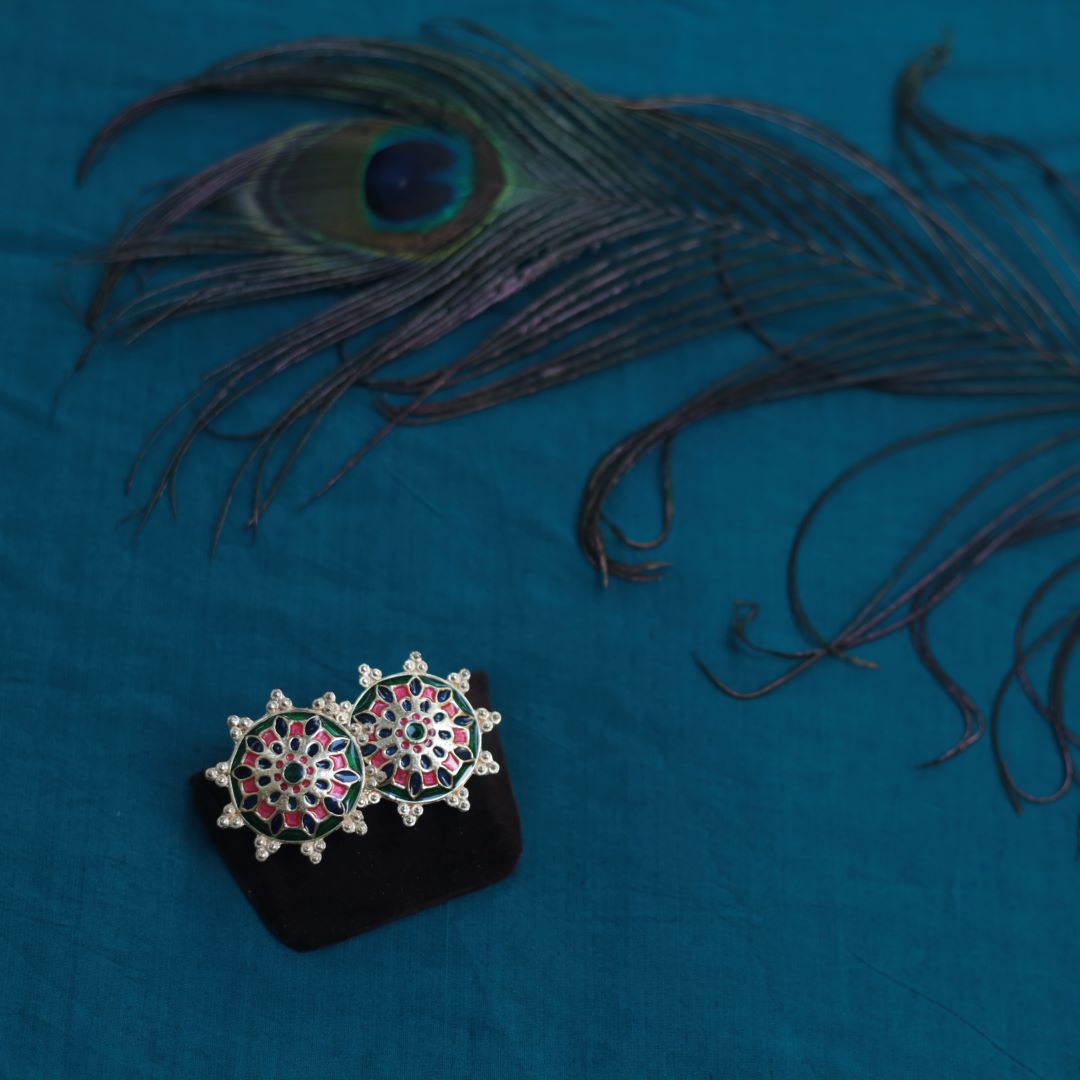Gold finish Green & pink enamel chakara stud (model 1)