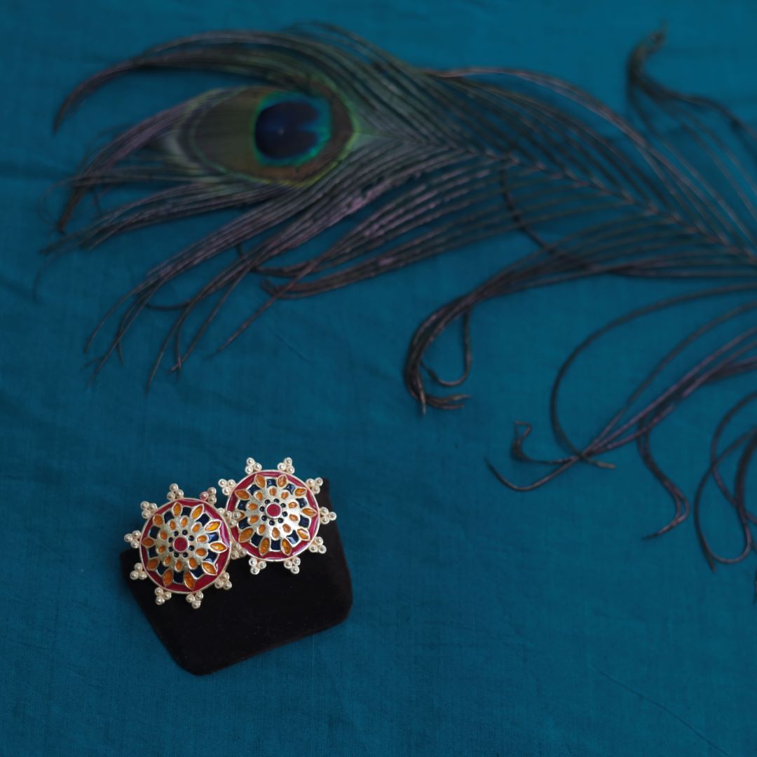 Gold finish Red & Yellow enamel chakara stud (model 1)