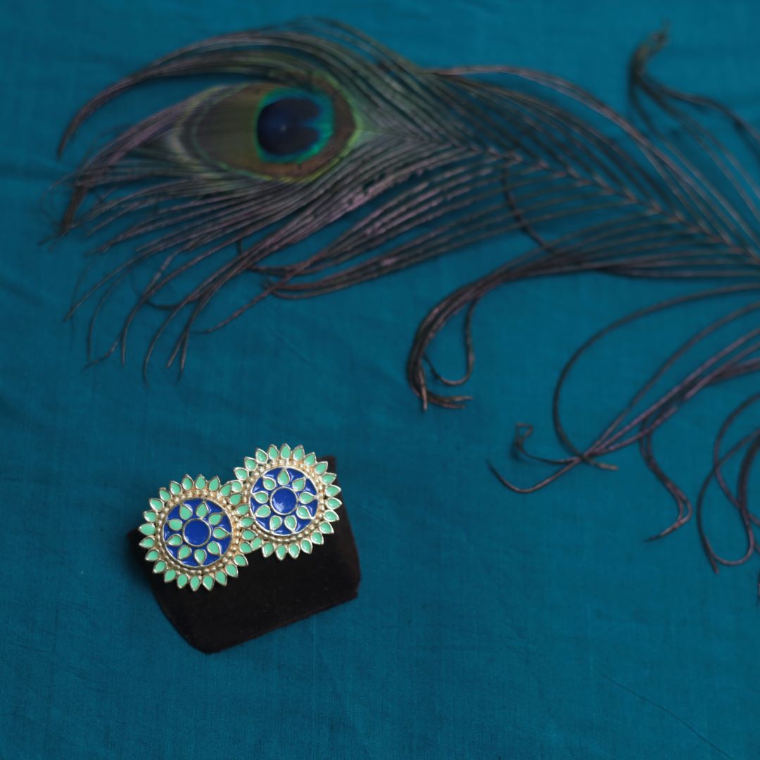 Gold finish Blue & Pista Green enamel chakara stud (model 2)