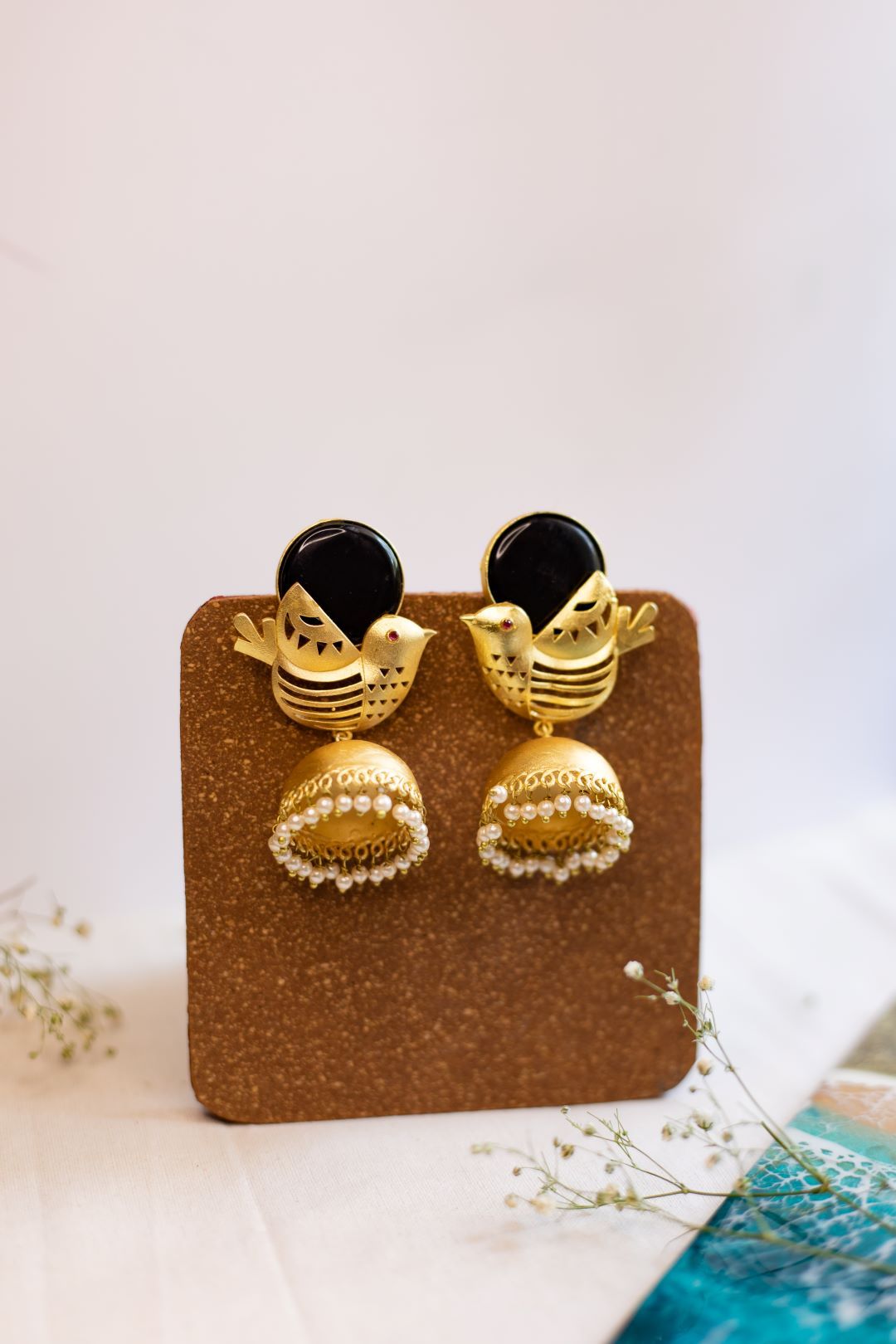 Gold Finish Black Crystal stone sparrow stud with jhumka