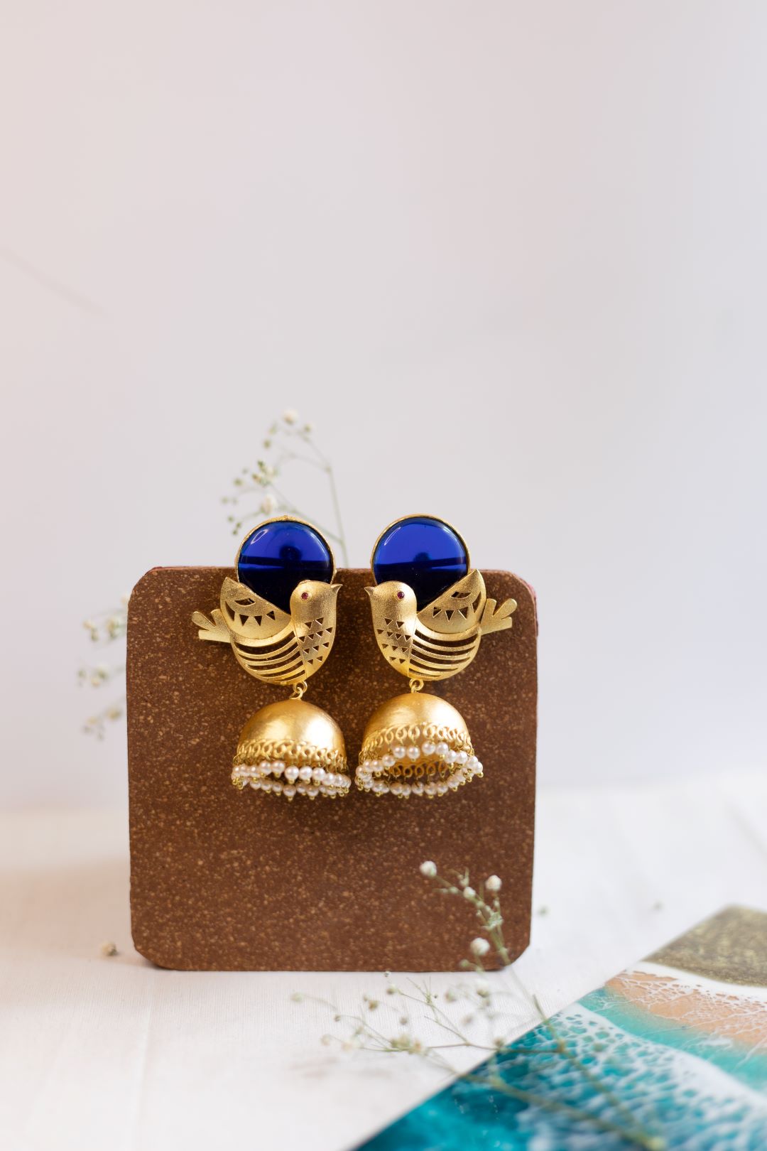 Gold Finish Royal Blue Crystal stone sparrow stud with jhumka