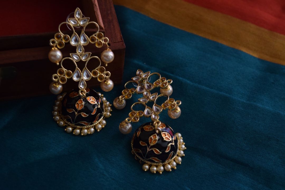 Gold Finish statement Black tear drops layered stud jhumka