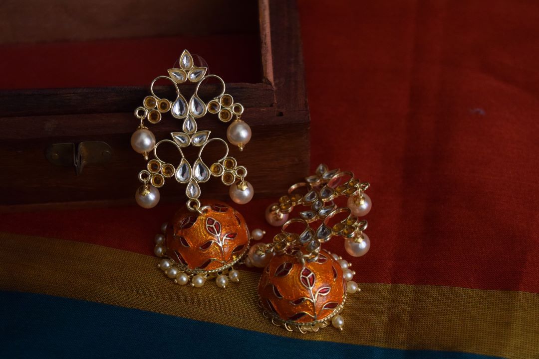 Gold Finish statement Orange tear drops layered stud jhumka