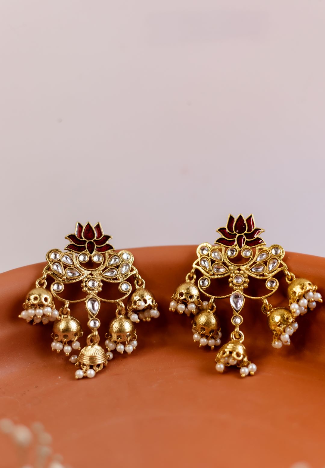 Gold Finish Maroon Lotus Stud Chandlier Jhumka