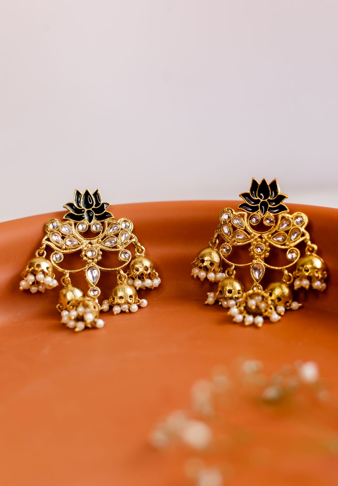 Gold Finish Black Lotus Stud Chandlier Jhumka
